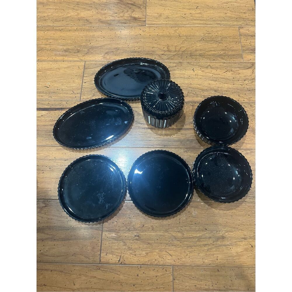 Vintage LE Smith Black Amethyst Ribbed Glass Bowl ,Dishes &Sugar Bowl